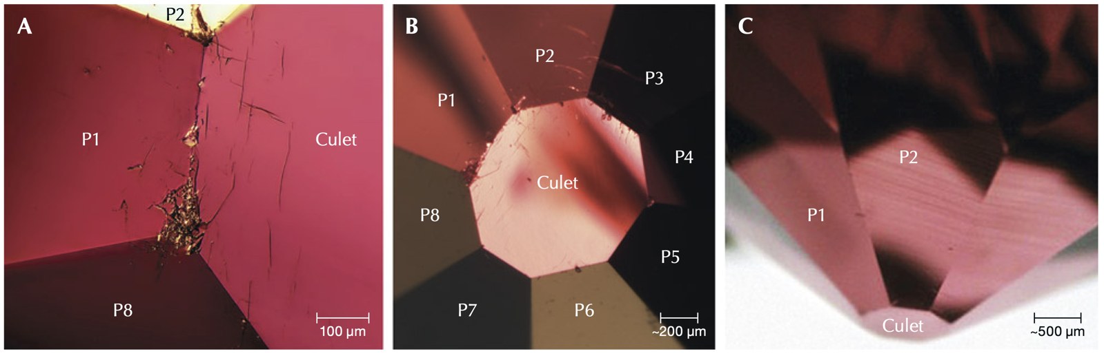 Three photomicrographs of the red diamond's pavilion: a chipped facet edge, the octagonal culet with labeled facets, and a side view showing fine parallel color bands